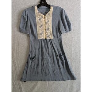 Dress Womens XS 1/2 Button Stitch Short Puff Sleeve knit Front Pocket Flowy Blue